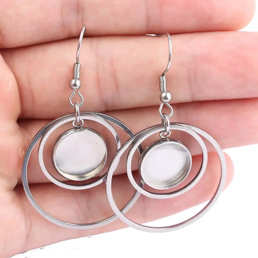 reidgaller 10szt diy podstawa kolczyka ze stali nierdzewnej półfabrykaty o średnicy 12mm cameo cabochon ustawienia z podwójnymi zawieszkami w kształcie koła — zdjęcie 2