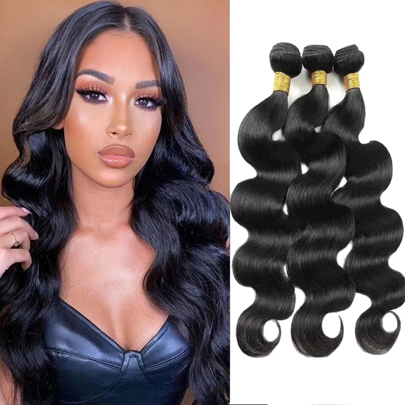 ブラジルのバージンナチュラルヘアバンドルボディウェーブ,ナチュラルブラックカラー,3バッチ織り