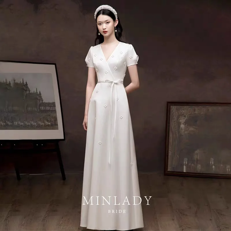 X14 New lace double shoulder deep V neck long tail wedding dress toast dress