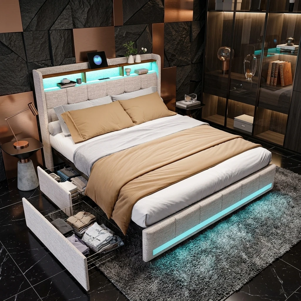 Cama doble MINGZHE Pated, cama con maletero, cama para adultos, 140/x 200 cm, con cabecero con LED y puerto USB, 4 cajones laterales, beige