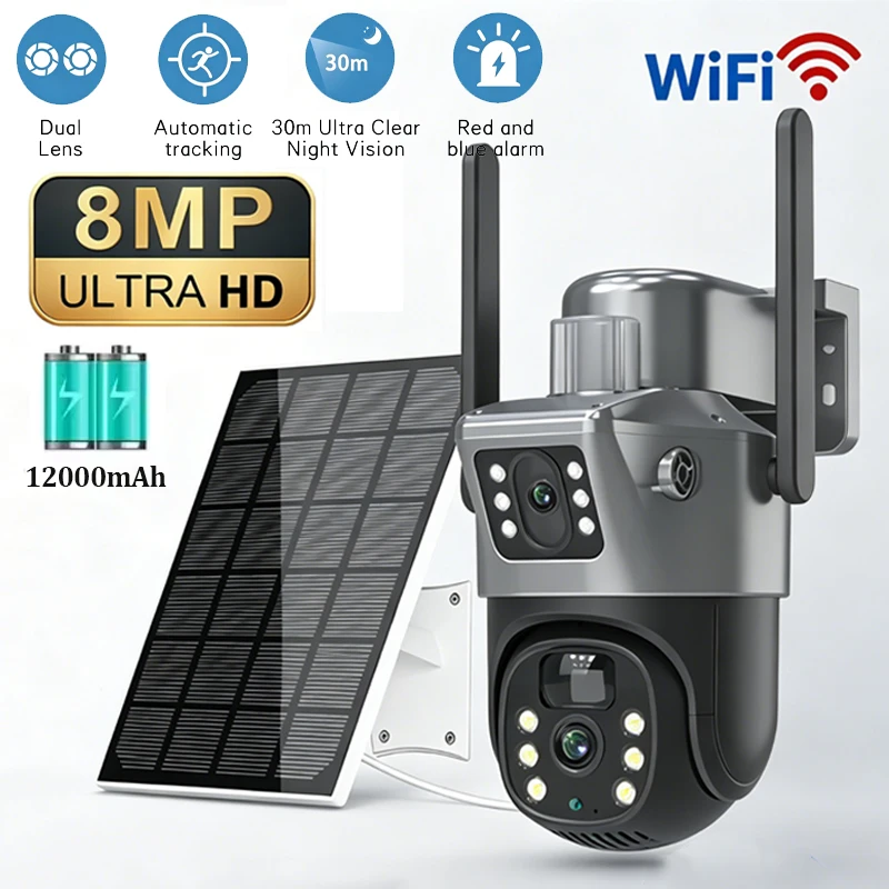 4K 8MP Kabellose Dual-Video Dual-Objektiv WLAN-Videoüberwachung Solarbetriebene HD IP PTZ Outdoor 2.4G WiFi CCTV Sicherheitskamera mit automatischer Verfolgung