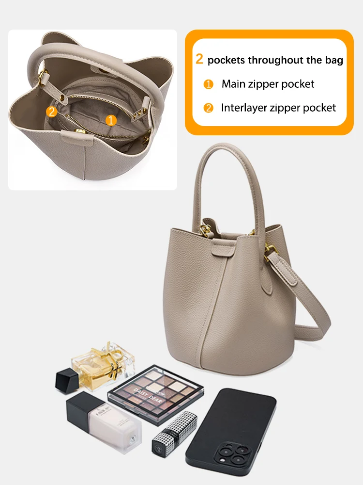 Zency 100% Genuine Leather Beige Composite Bag Women Casual Tote Bucket Bag For Shopper Office Ladies Solid Shoulder Crossbody