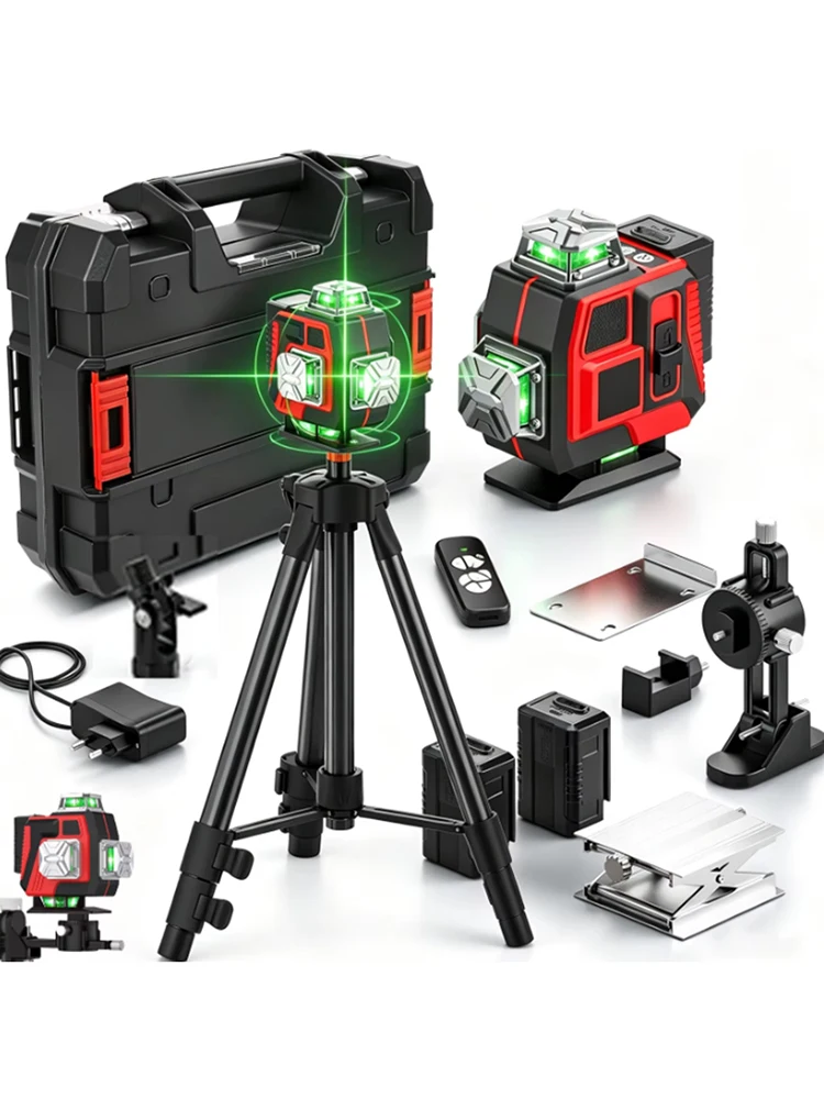 4D 16-liniowy poziomica laserowa z trójnogiem, zielona linia, samopoziomująca, 360 stopni pozioma i pionowa, zdalnie sterowana, zielona wiązka lasera. — 2