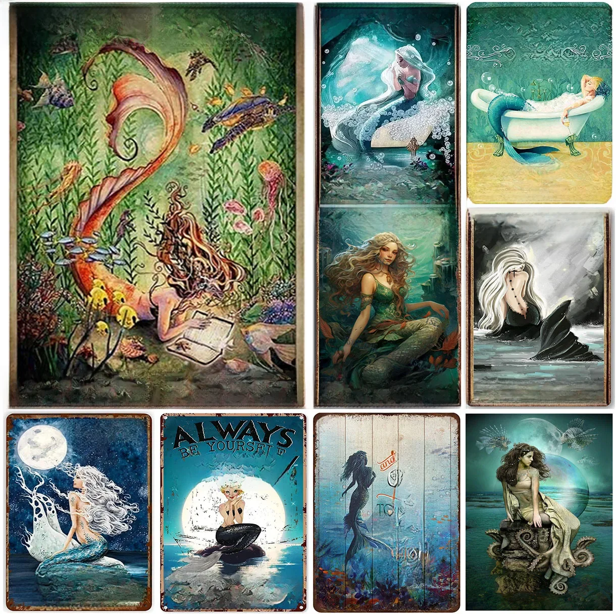 Metalowe plakietki emaliowane Pinup Mermaid Dekoracja ścienna Tablica Vintage Art Plakat Żelazny Obraz dla mężczyzny Jaskinia Dom Kawiarnia Ogród Klub Bar — zdjęcie 2
