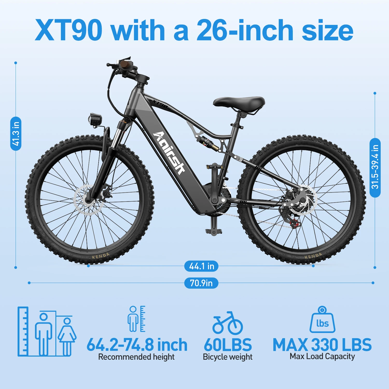 Aairsk XT90 E-Mountainbike, 26"×2.6" Reifen, 48V 20AH abnehmbarer Akku, 100 km Reichweite, 250W Motor, 21-Gang, Doppelfederung, mit NFC, All-Terrain E-Bike für Erwachsene, 25 km/h.