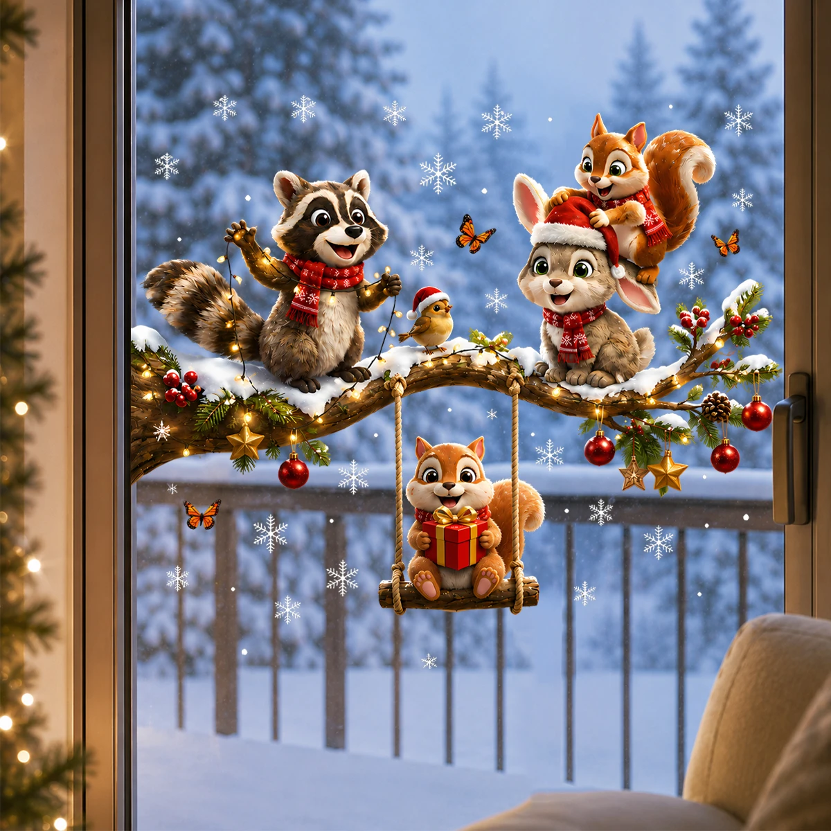 Christmas Woodland Animals Wall Sticker Cute Squirrel Bunny Window Wall Decal Winter Holiday Decor Kids Room Kitchen Home Decora