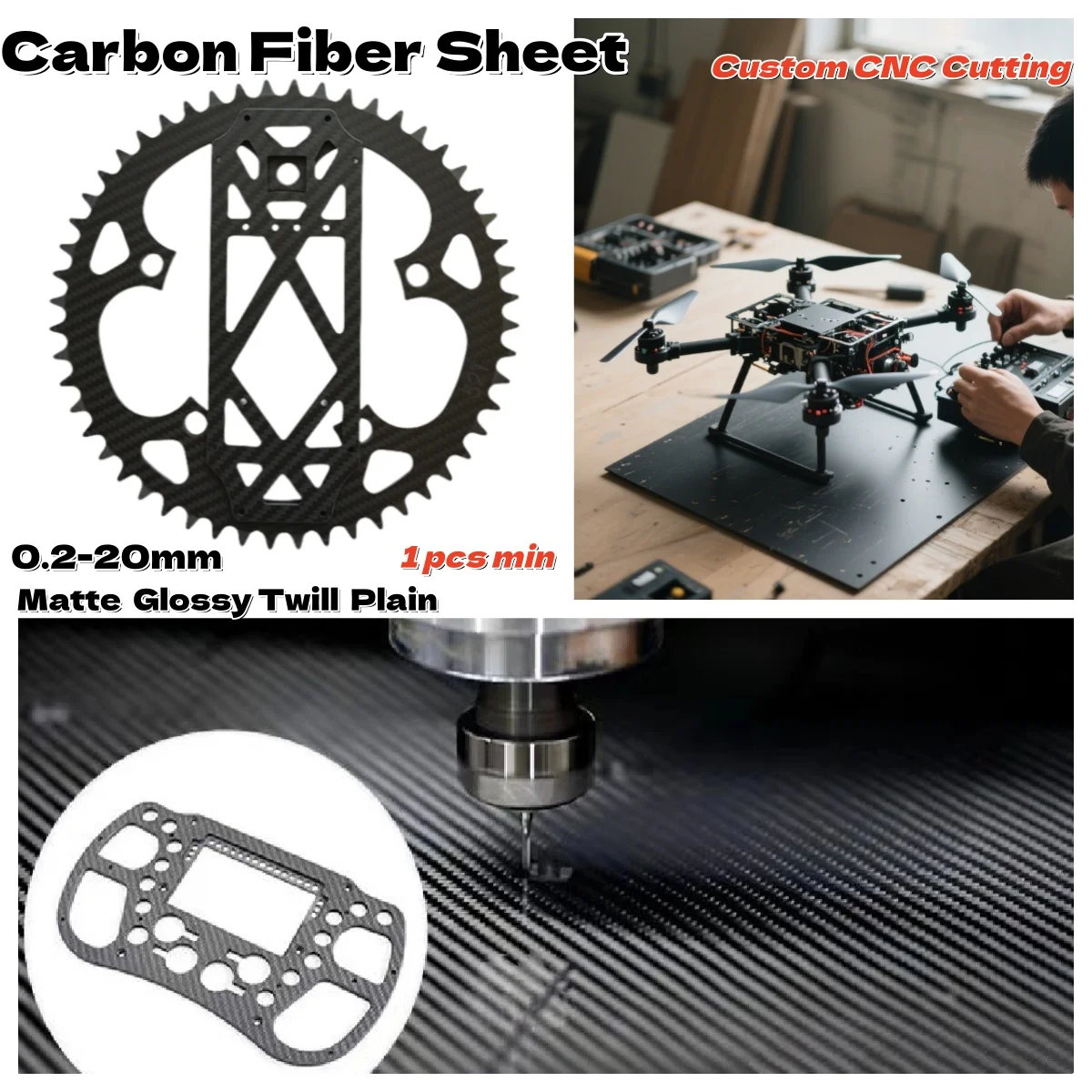 

Customized Carbon Fiber Sheet Cutting Carbon Plate CNC Machining Panel Process Drone Board RC Robot Steering Wheel prototype