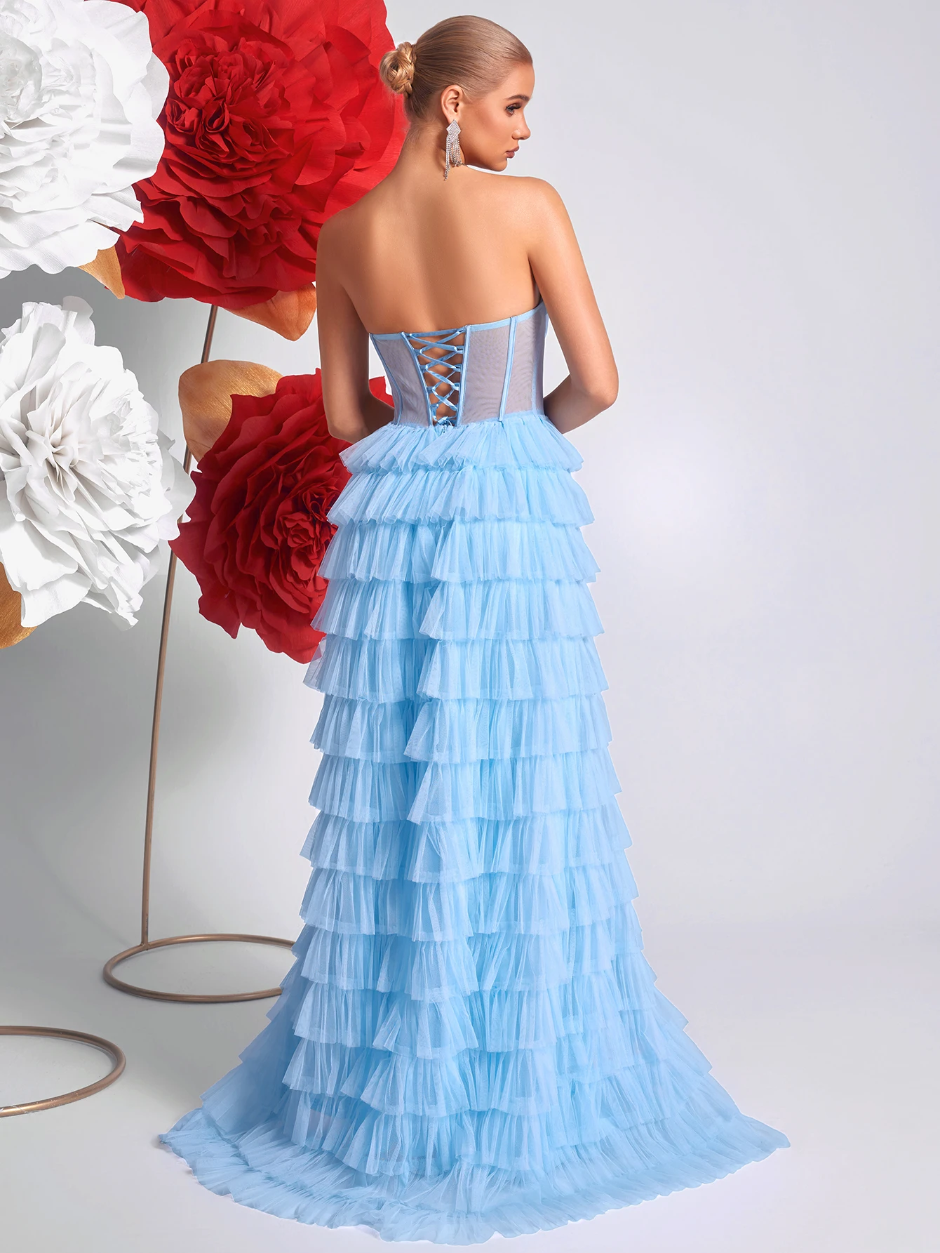 Adyce New Elegant Women Dresses Strapless Hollow Out High Slit Backless Strap Multi-Layer Cake Tulle Prom Party Dress Vestidos