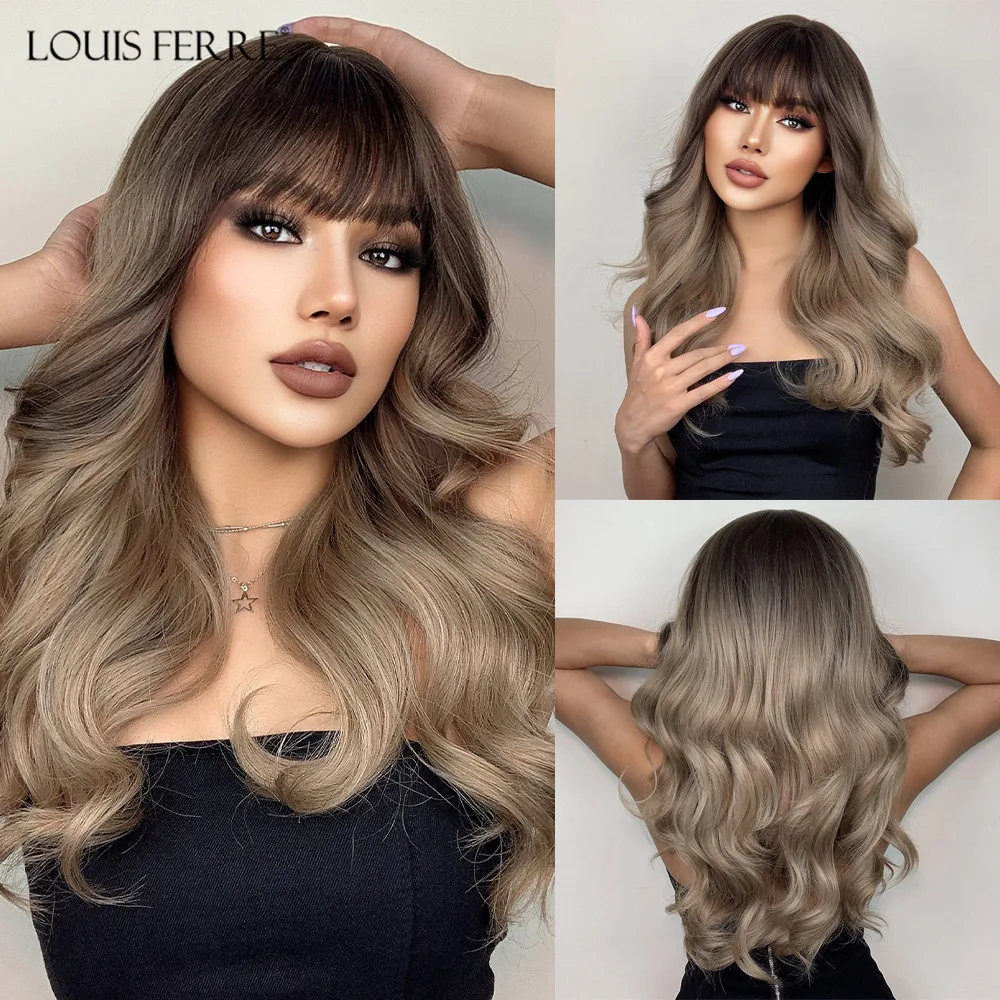 

LOUIS FERRE Long Brown Wavy Wigs with Bangs for Women Brown Ombre Curly Synthetic Wig High Temperature Fibre for Daily Party Use