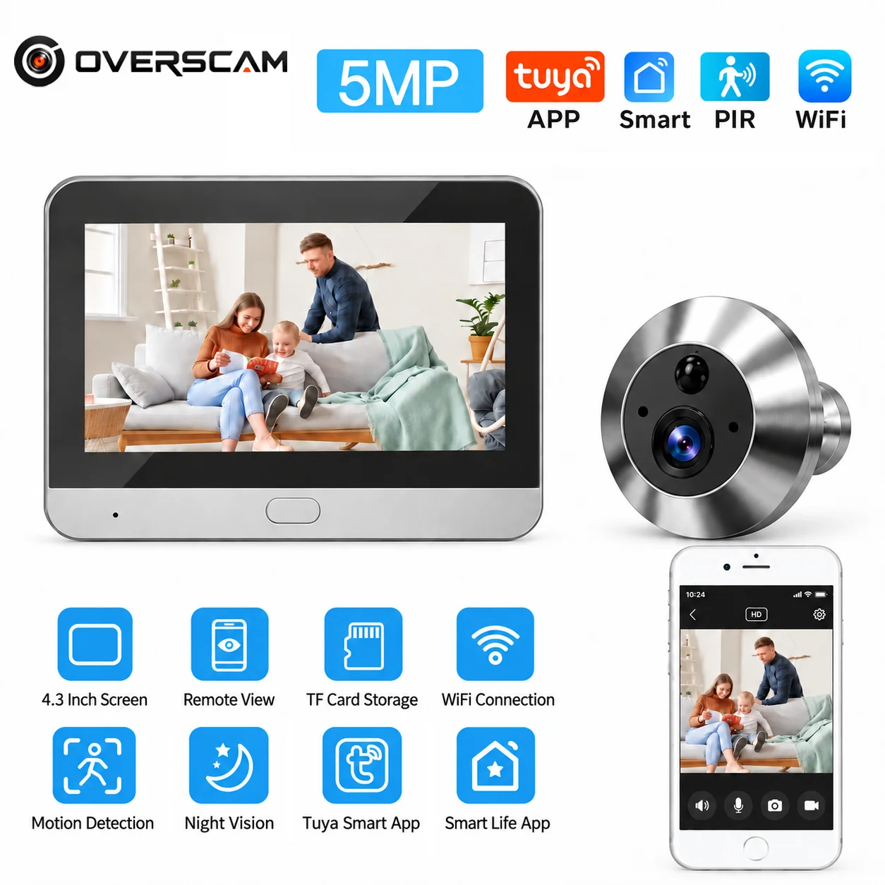 Kamera wideo do drzwi z otworem w drzwiach, rozdzielczością 5 MP, łącznością WiFi, wyposażona w 4,3-calowy monitor do użytku wewnętrznego, aplikację Tuya umożliwiającą zdalne podglądanie, funkcję — 2