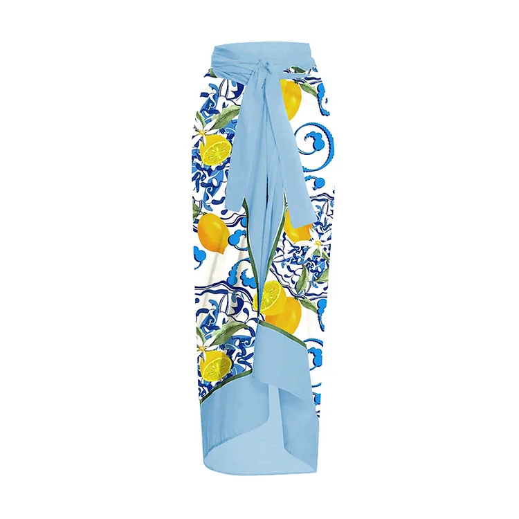 2023 Nieuwe Retro Lemon Bloemenprint Sling Eendelig Badpak En Sarong Vrouwen Badmode Strandkleding Zomer Luxe Monokini Bathin