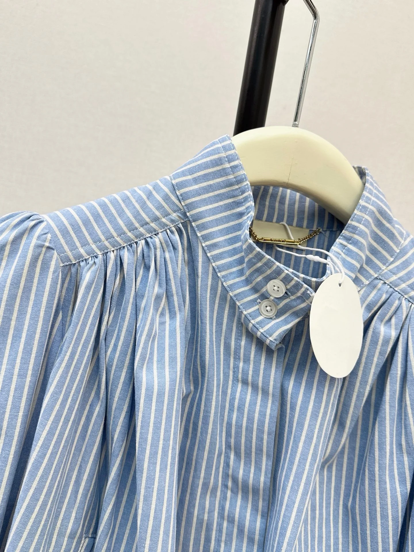 2026 Women Blouse Blue Vertical Stripe Lantern Long Sleeve Pleated Shoulder Oversized Silhouette