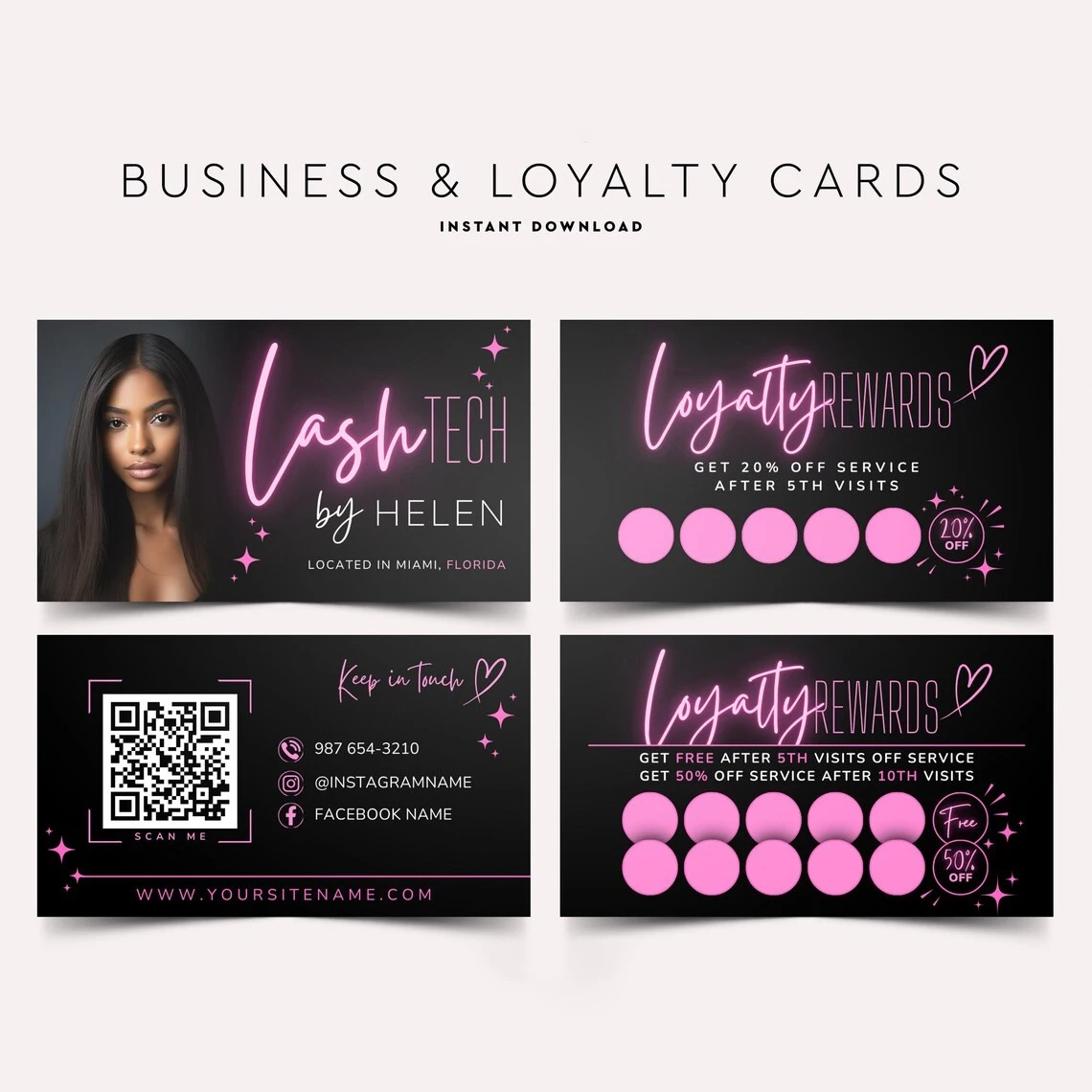 Custom Pink Business Loyalty Card Template for Hair Stylist Lash Tech Nail Tech Beauty Loyalty Cards Salon Rewards Punch Cards