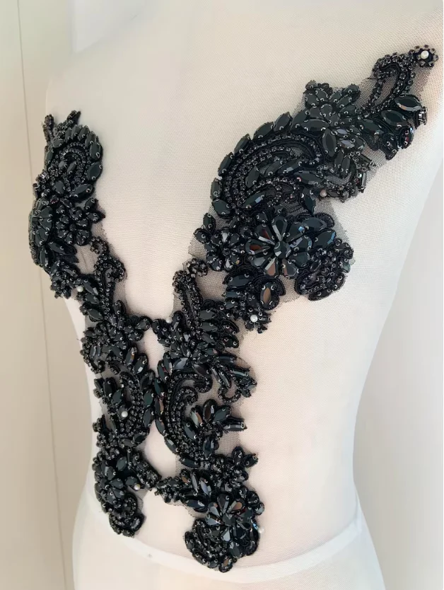 

Black Rhinestone Appliqué By Pair, Black Rhinestone Patch With V Neck Line