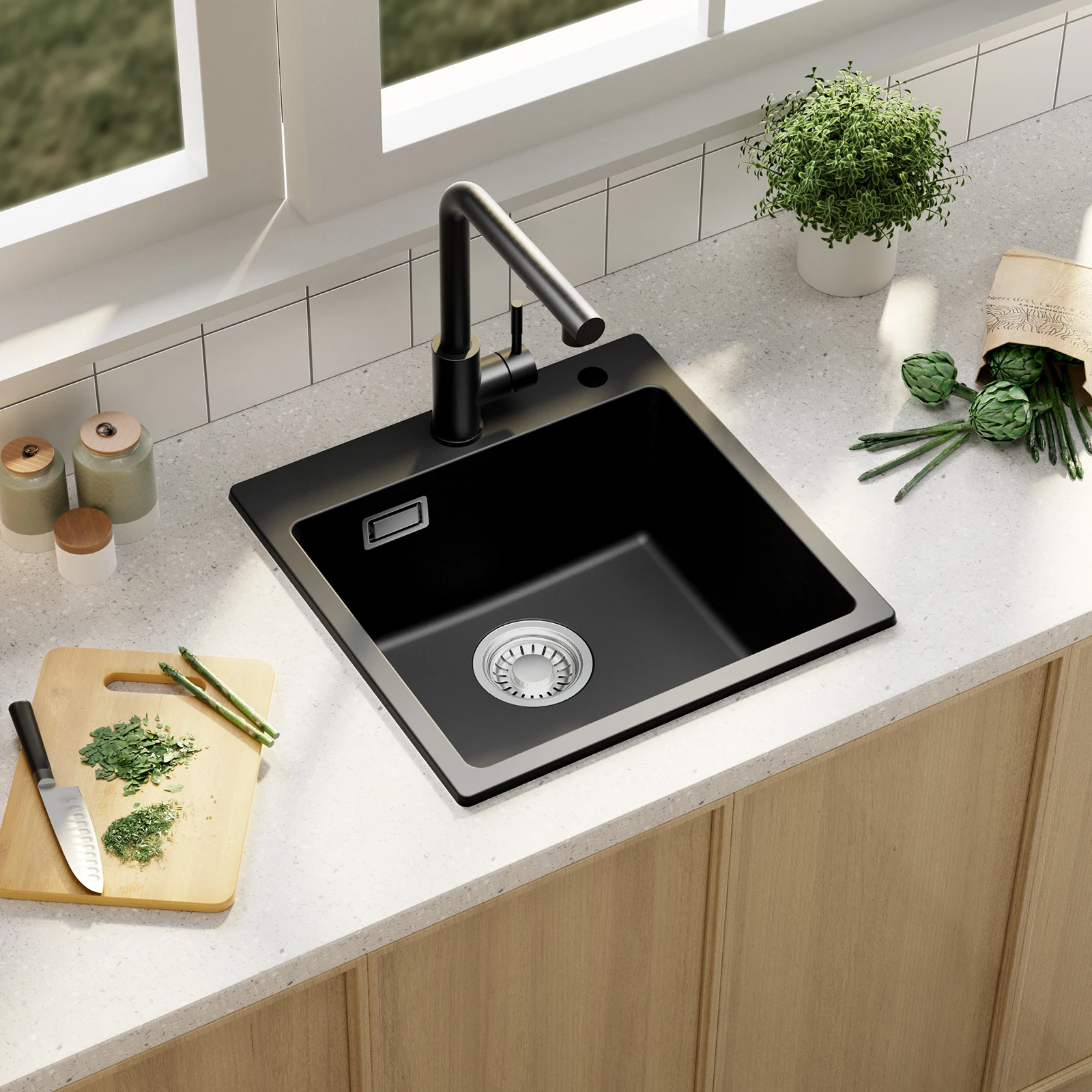45 x 45 cm Küchenspüle Schwarz Quarzkomposit Steinspüle Einbauspüle Platzsparend Hitzebeständig Steinstruktur Spülbecken für Kleine Küche und Wohnmobil mit Siphon Abflussgarnitur Set