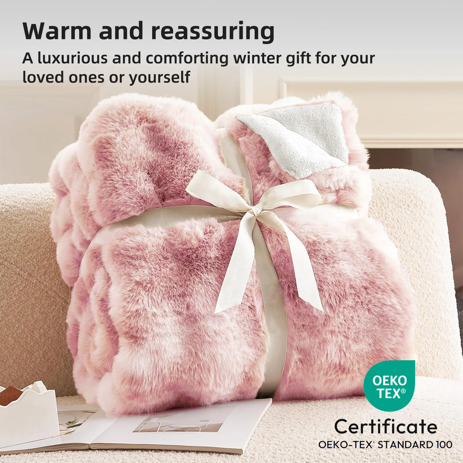 100% weighted Faux Rabbit Fur Throw Blanket, Ultra Soft Fluffy Thick Plush Fuzzy Blanket, Cozy Warm Luxury Bubble Furry Blanket for Sofa Couch Bed Chair, Decorative Shaggy Fleece Blanket for Home Bedroom Decor, All Season Use. view 5