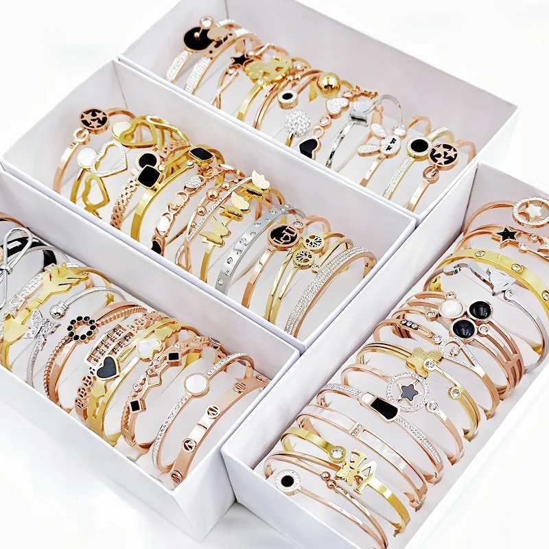 

12Pcs/Lot Wholesale Trendy 316L Stainless Steel Cuff Bracelet for Women Girls Mix Style Zircon Crystal Bangle Jewelry Party Gift