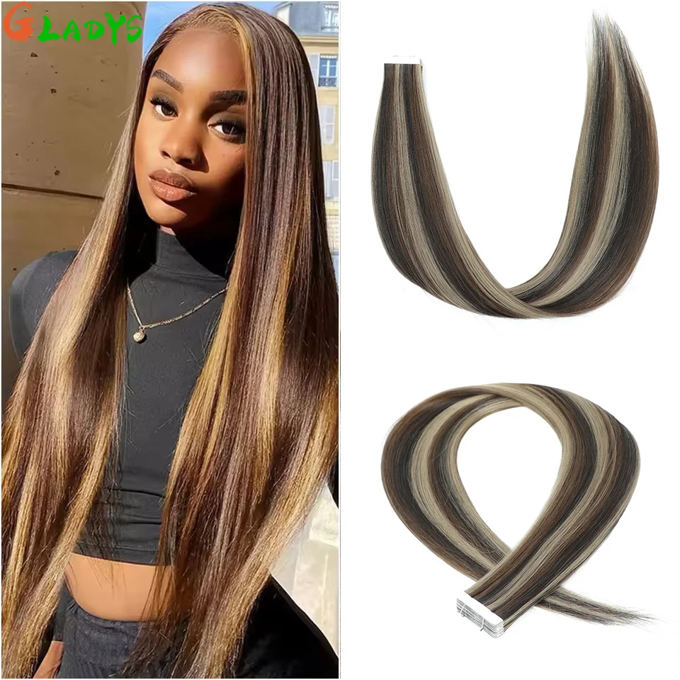 

26 Inch Ombre Color Straight Tape In Hair Extensions Highlight High Temperature Fiber Double Sided Adhesive Tape Hair For Women