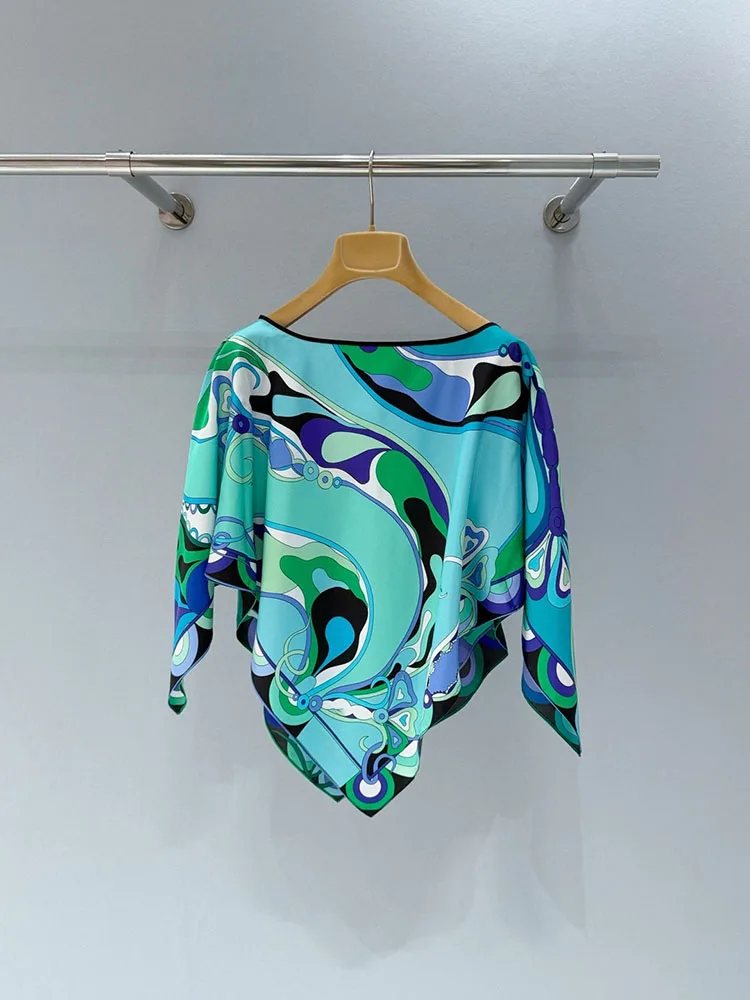 

Fashion Designer Spring Summer Capes Silk Shirts Women's Batwing Sleeves Printing Blue Tops 2026