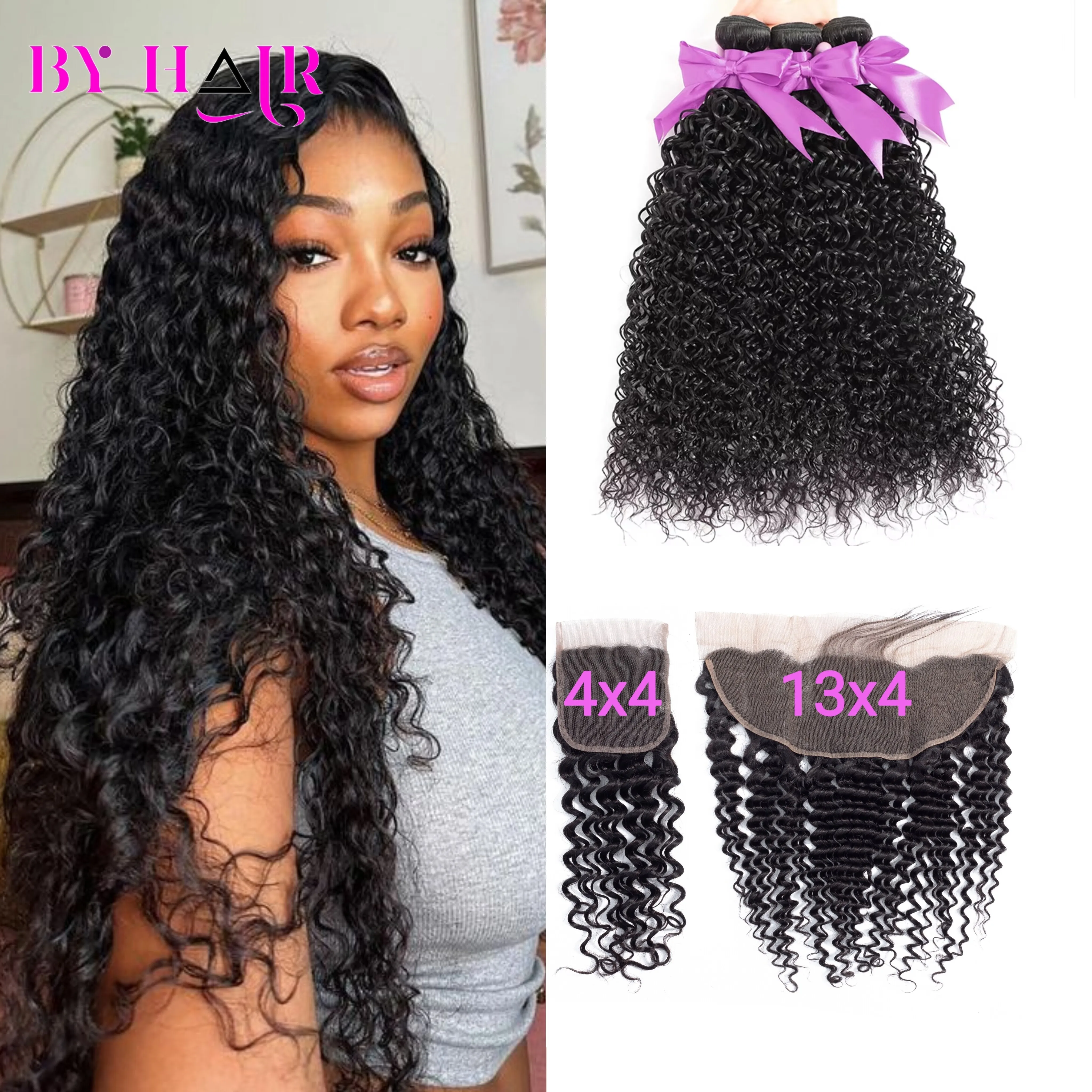 12A Water Wave Bundles With Frontal Wet and Wavy 100% Human Hair Bundles With Closure Peruvian Hair Extensions Transparent Lace