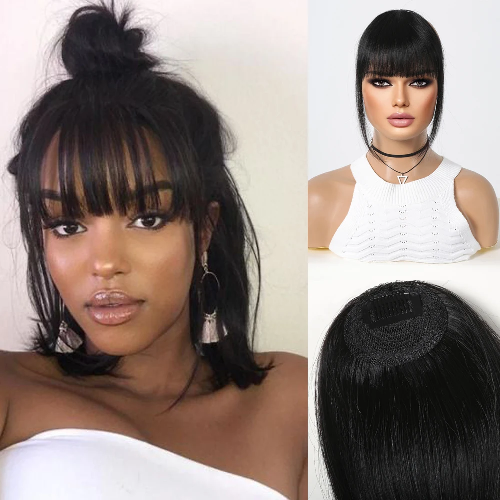 Clip in Bangs Human Hair Wispy Black Bangs Fringe with Temples Hairpieces for Women Clip on Air Bangs Hair Extension for Daily