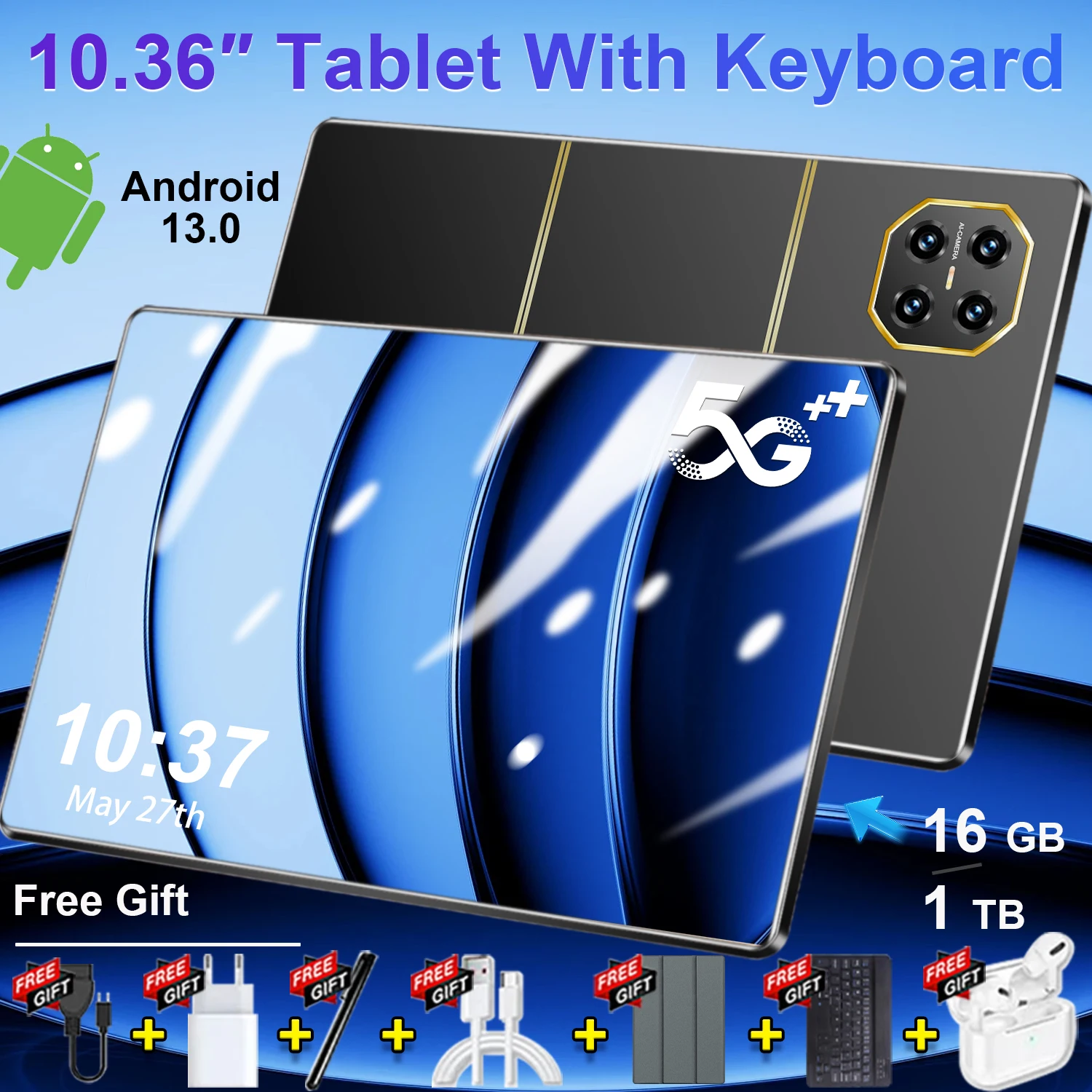 Tablet de 10.36 Pulgadas, Android 13, Procesador de 14 Núcleos, 16 GB de RAM, 1 TB de Almacenamiento, Batería de 20000 mAh, 5G, Doble SIM