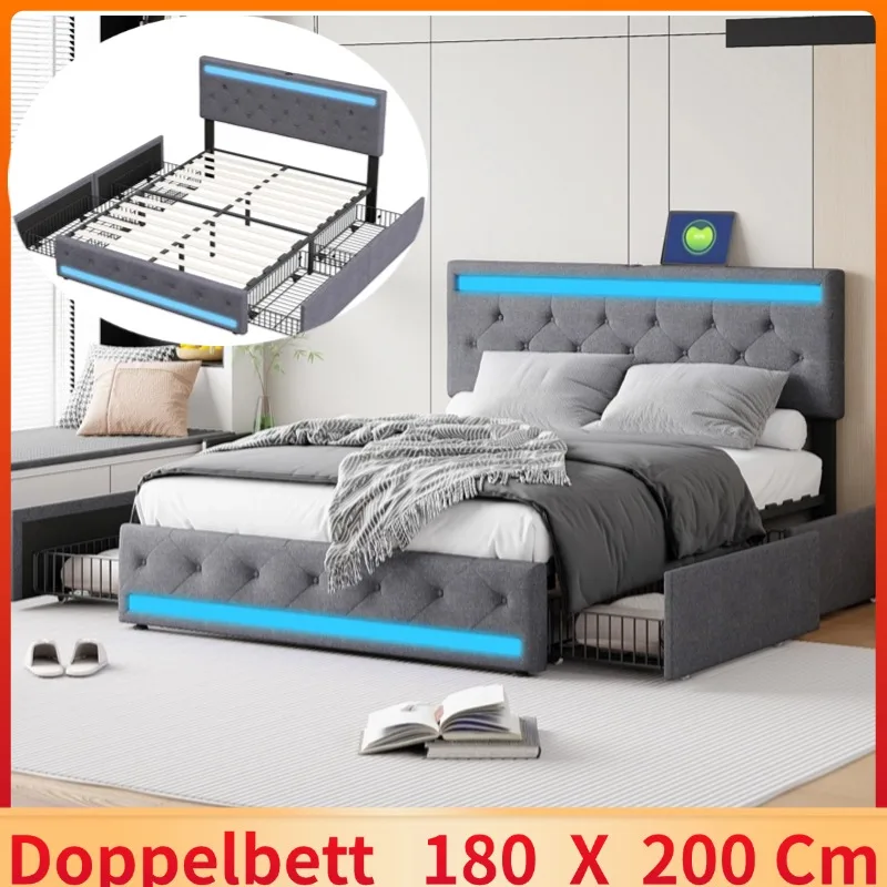 Double bed linen fabric, 180*200cm dark grey, bedside light strip + long USB + bed end light strip, with 4 iron drawers