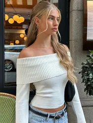 Women's Casual Slash Neck Long SleeveElegant Off shoulder Jumpers 2024 Autumn Commute Knitwear Fashion White Knit Tops Autumn