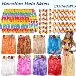 6-48Sets Luau Hula Skirts Hawaiian Flower Necklace Headband Hawaiian Leis for Luau Party Grass Skirts Tropical Beach Pool Favors