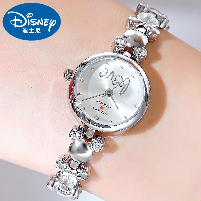 Disney Official Women Fashion Casual Metal Quartz Wristwatches Sun Pattern Rhinstone Tiny Case Gilrs New Male Gift Clock Silver