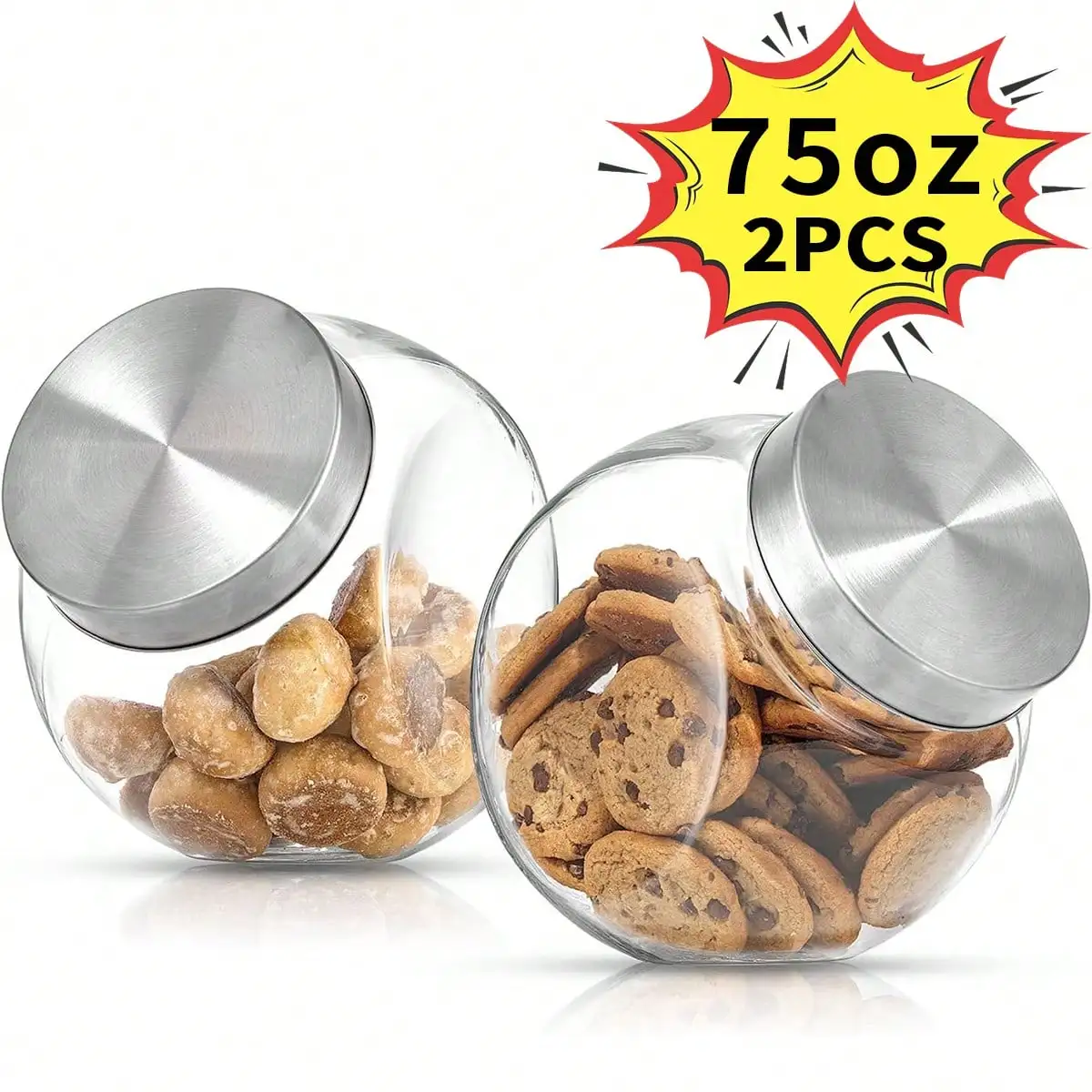 2-Piece Glass Biscuit Jar Set With Lids, 75oz Large Capacity, Suitable For Kitchen Countertops. Ideal As Candy Jars, Pet Treat Containers, Laundry Detergent Holds, Or Large Storage Jars. Half-Gallon Glass Jars With Airtight Lids.