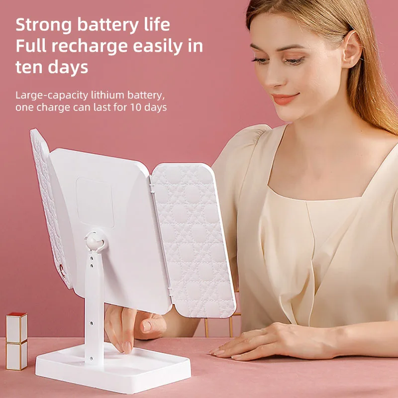 Dreifach faltbarer LED-Schminkspiegel, 3-Ton-Lichter, tragbarer, kompakter Desktop-Kosmetikspiegel, 2-fache/3-fache Vergrößerung, drehbarer, beleuchteter Schminkspiegel