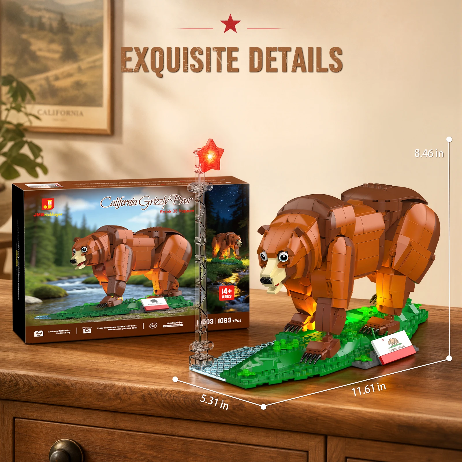JMBricklayer 1063PCS Grizzly Bear Building Blocks Set Wildlife Animal Model Kit 3D DIY Collectible Brown Bear Figure Display Home Office Decor Forest Nature Cabin Hunting Gift for Men Adults Collectors Birthday Christmas