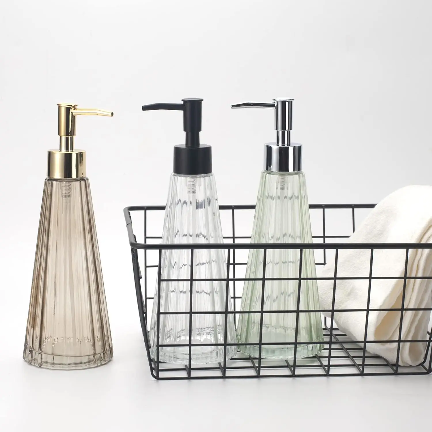 4 10oz/300ml hand soap dispensers for bathroom and kitchen, glass soap dispenser with gold rust proof pump