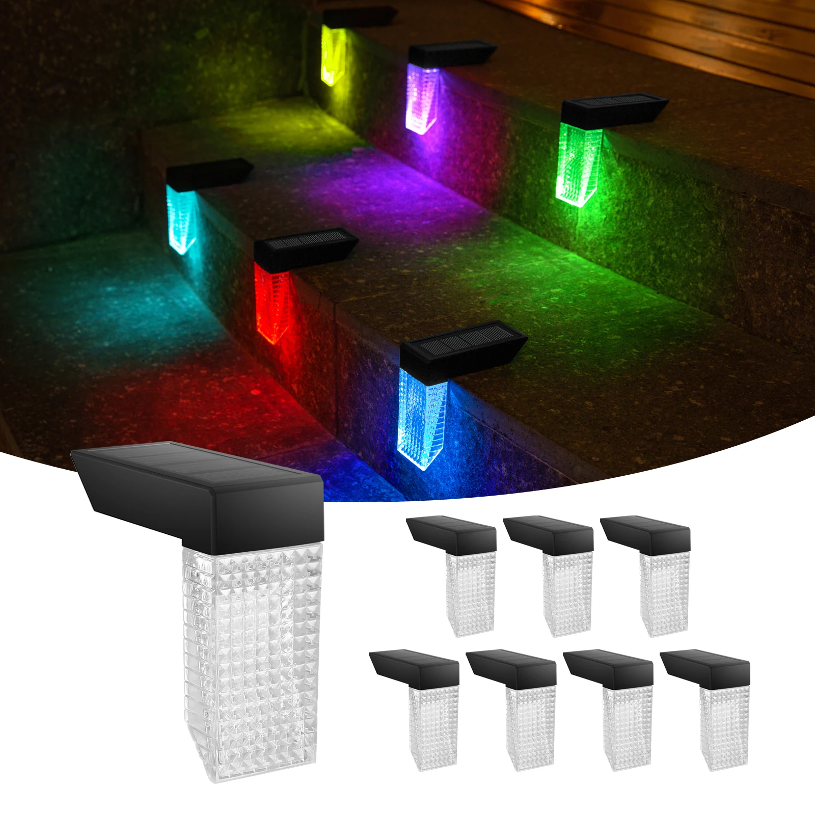 8 Pack Solar Stair Lights, Solar-Powered Outdoor Lights for Deck, Patio, Yard, Garden, Stairs, Railings, Warm + RGB