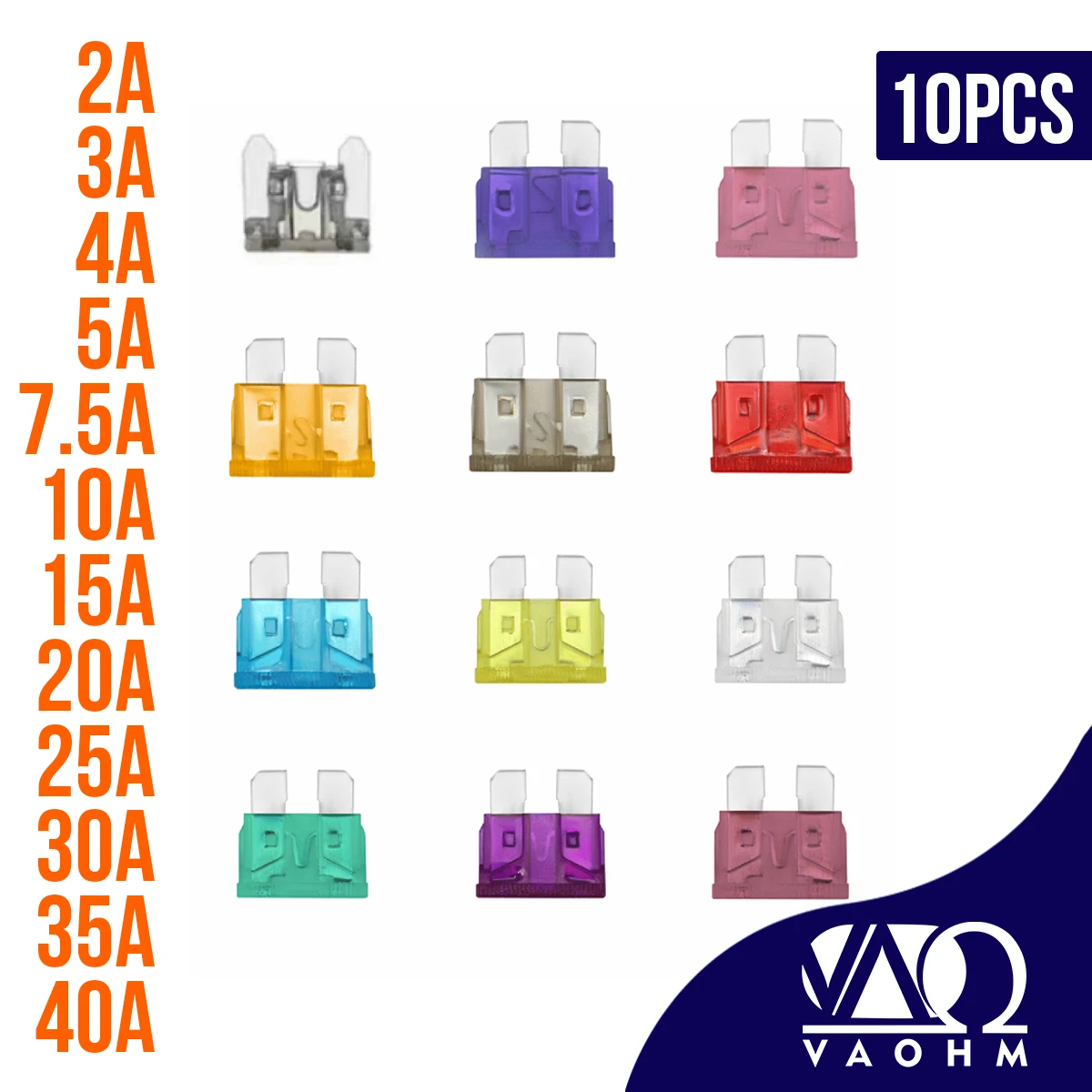 10PCS Średnie Bezpieczniki Samochodowe 3A 5A 7.5A 10A 15A 20A 25A 30A 35A 40A Zestaw Bezpieczników Typu Blade do Samochodów