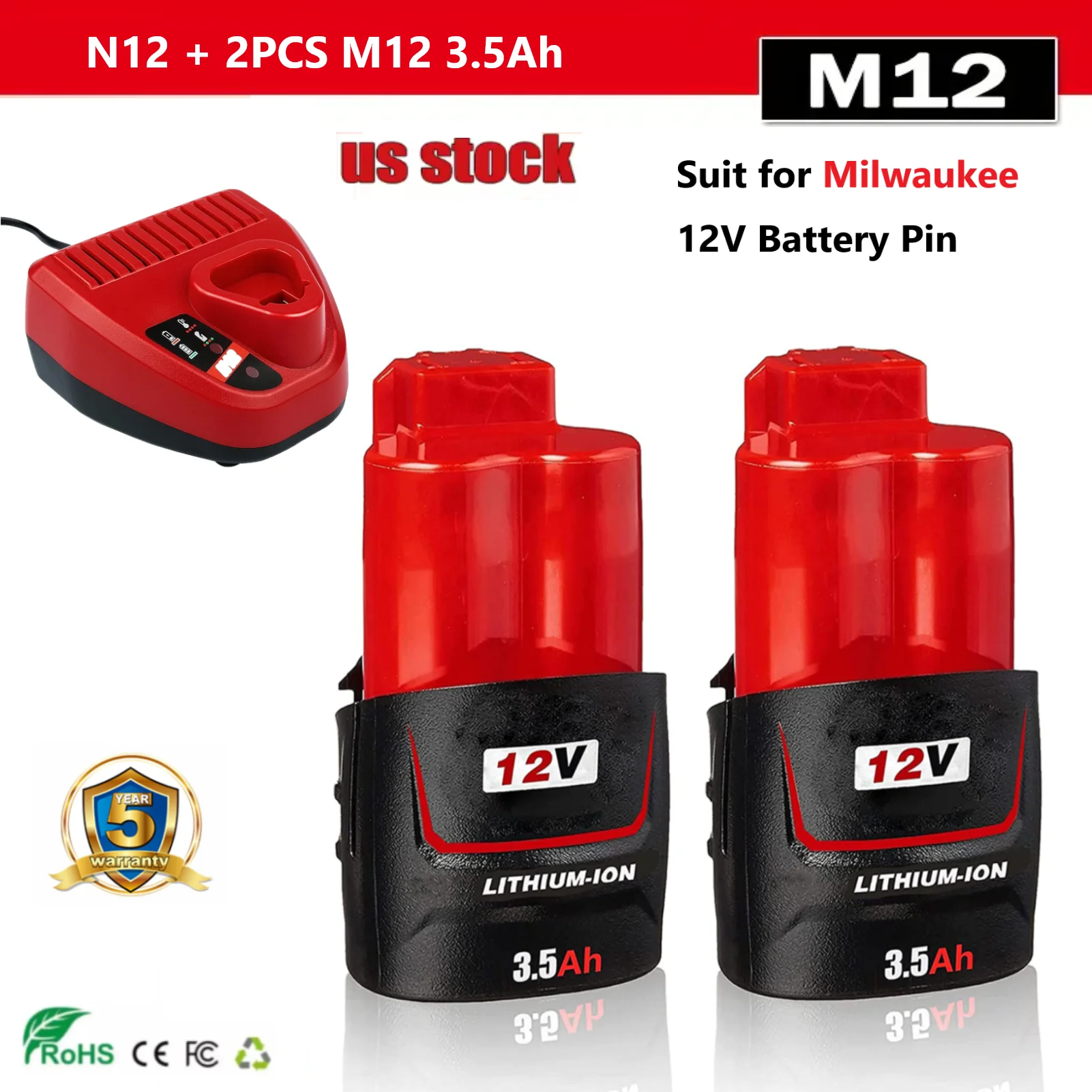 

Замена литий-ионного аккумулятора 2x 3500 мАч, 12 В для Milwaukee M12, MWL1803 48-11-2401, 48-11-2402, 48-11-2420 с зарядным устройством N12