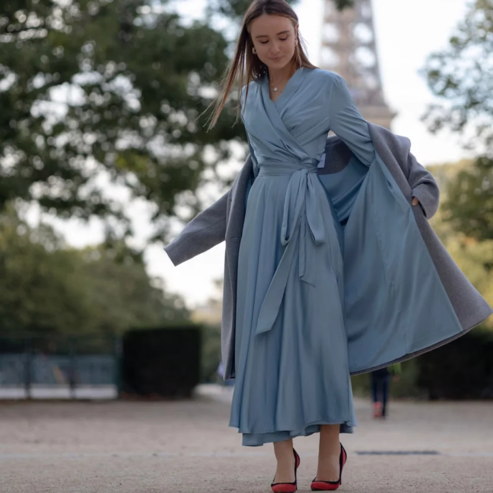 

1920s Elegant Soft Chiffon Dusty Blue Long Puffy Sleeves Mother of Bride Wedding Guest Dress Bridesmaid Dresses For Women