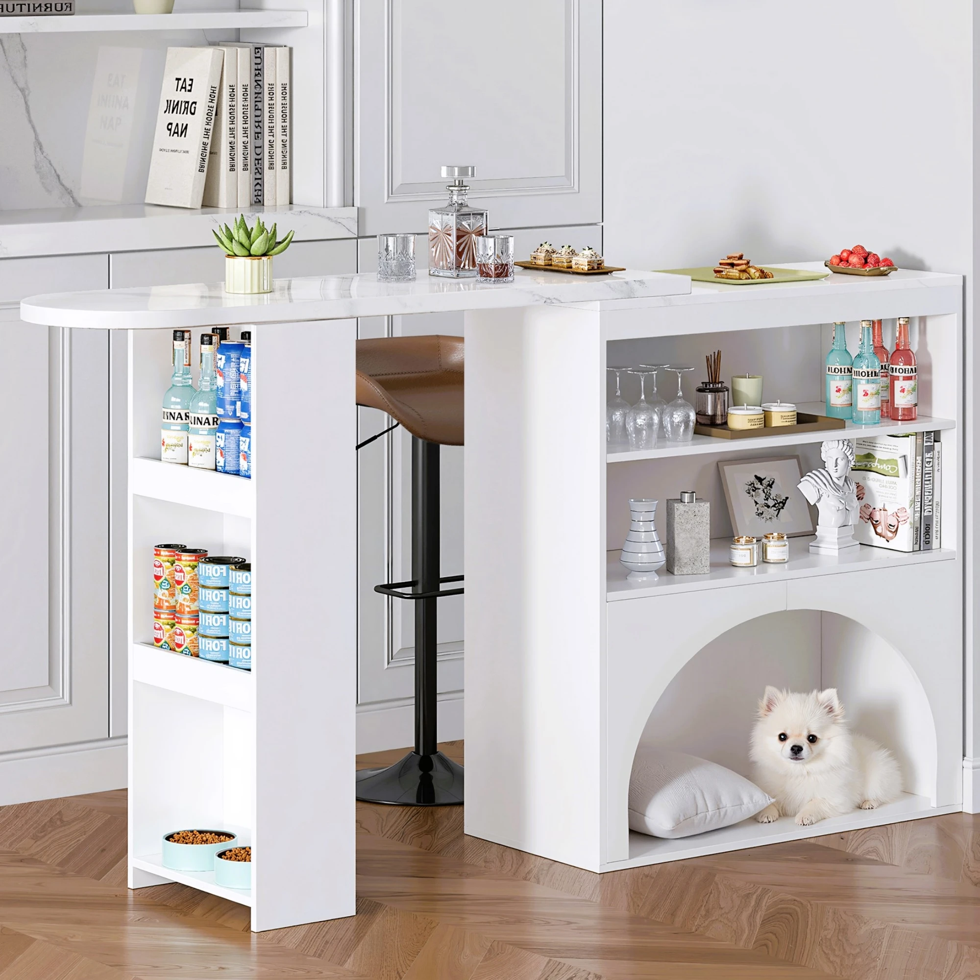 Îlot de cuisine blanc, meuble multifonctionnel servant de buffet/table à manger/table basse/armoire de rangement, avec design rotatif et télescopique et niche intégrée pour animaux de compagnie, adapté à la salle à manger, au salon, à la chambre des animaux et à d'autres espaces de la maison.