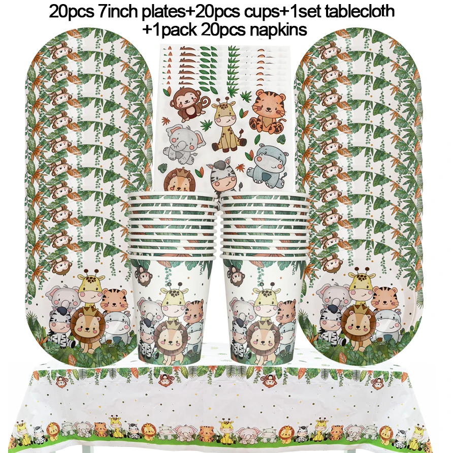 Jungle Verjaardag Decoratie Dieren Wegwerp Feestservies Set Wild One Woodland Safari Verjaardagsfeestje Babyshower Benodigdheden
