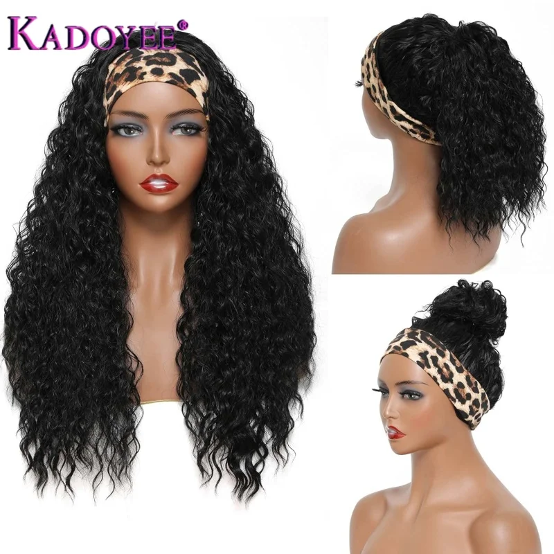 Kadoyee 30inch Kinky Curly Headband Wigs Human Hair Wig with headband Natural Black Color Glueless Curly Headband Wig for Women