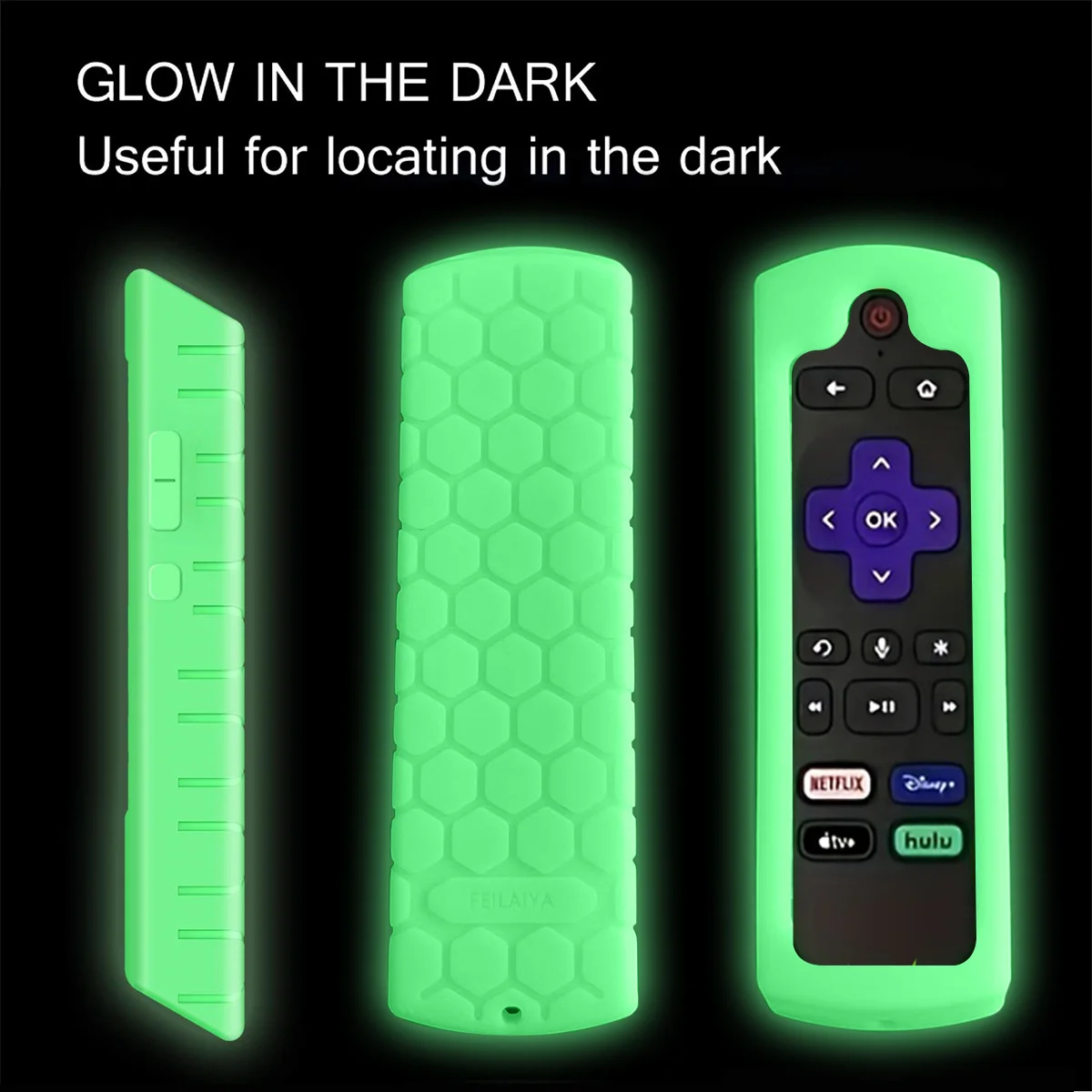 Glow in the dark premium silicone universal remote control cover with lanyard suitable for TCL Hisense Roku TV remote control