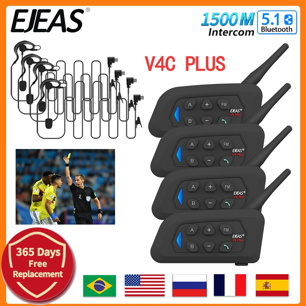 EJEAS V4C PLUS x4 축구 심판 인터콤 헤드셋, V4C 1500M, 풀 듀플렉스, 최고의 블루투스 헤드셋, 마이크 인터폰, 4 사용자