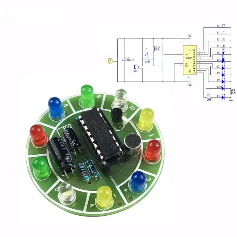 CD4017 Kolorowy, aktywowany głosem, obrotowy zestaw oświetlenia LED DIY Zestaw elektroniczny Części Zestaw lutowniczy Szkolenie elektroniczne zabawne spawanie — zdjęcie 2