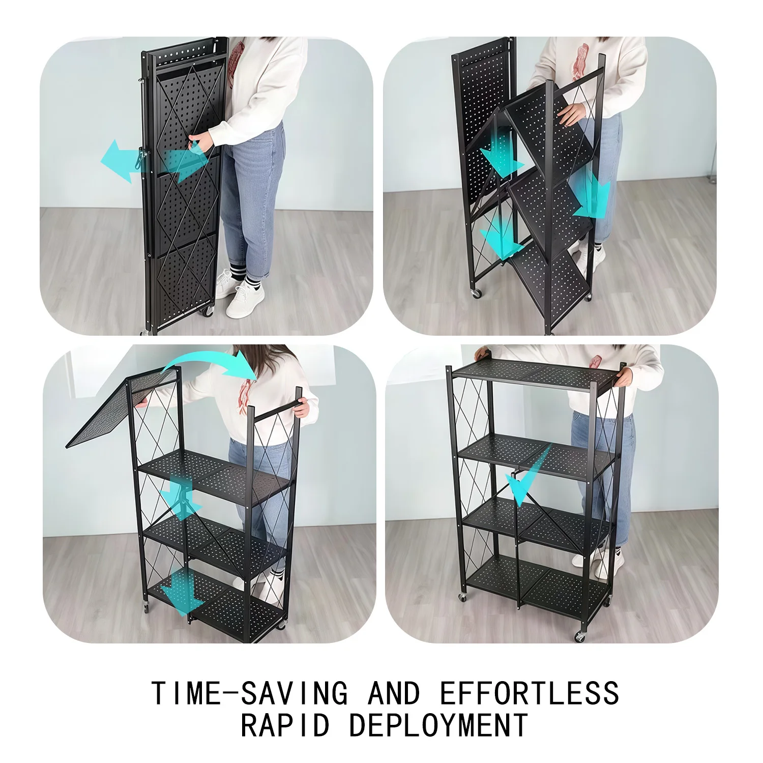 4-stöckiges Faltbares Aufbewahrungsregal mit Rollen, Metallregal, Montagefreier Rollorganizer für Küche, Zuhause, Garage – Detail 4
