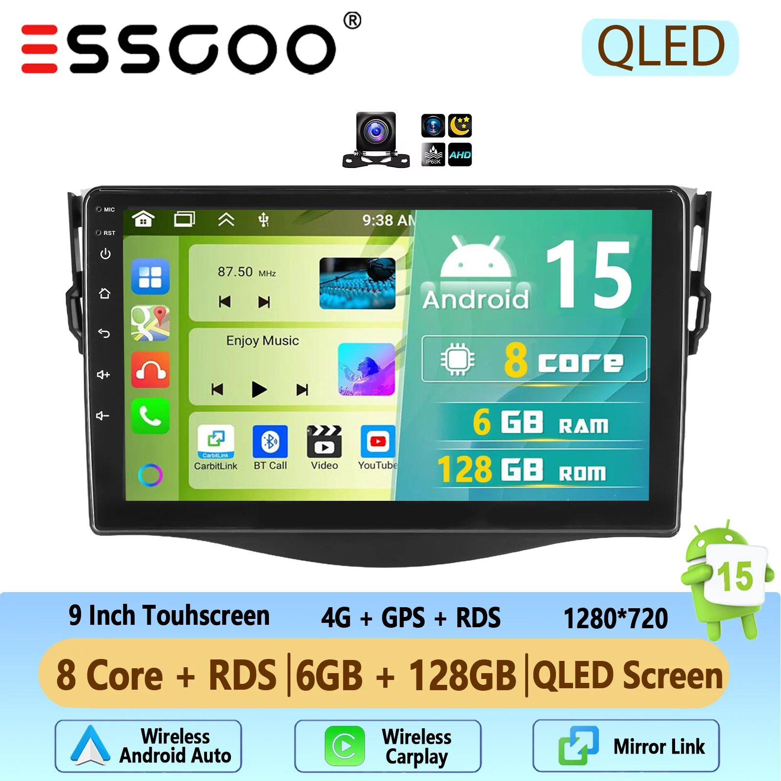 Autoradio ESSGOO Android 15 9 Inch 4+64G voor Toyota RAV4 2007-2012 Draadloze CarPlay Android Auto GPS Navigatie FM WiFi Bluetooth RDS Stuurwielbediening Mirror Link Touchscreen Hoofdeenheid