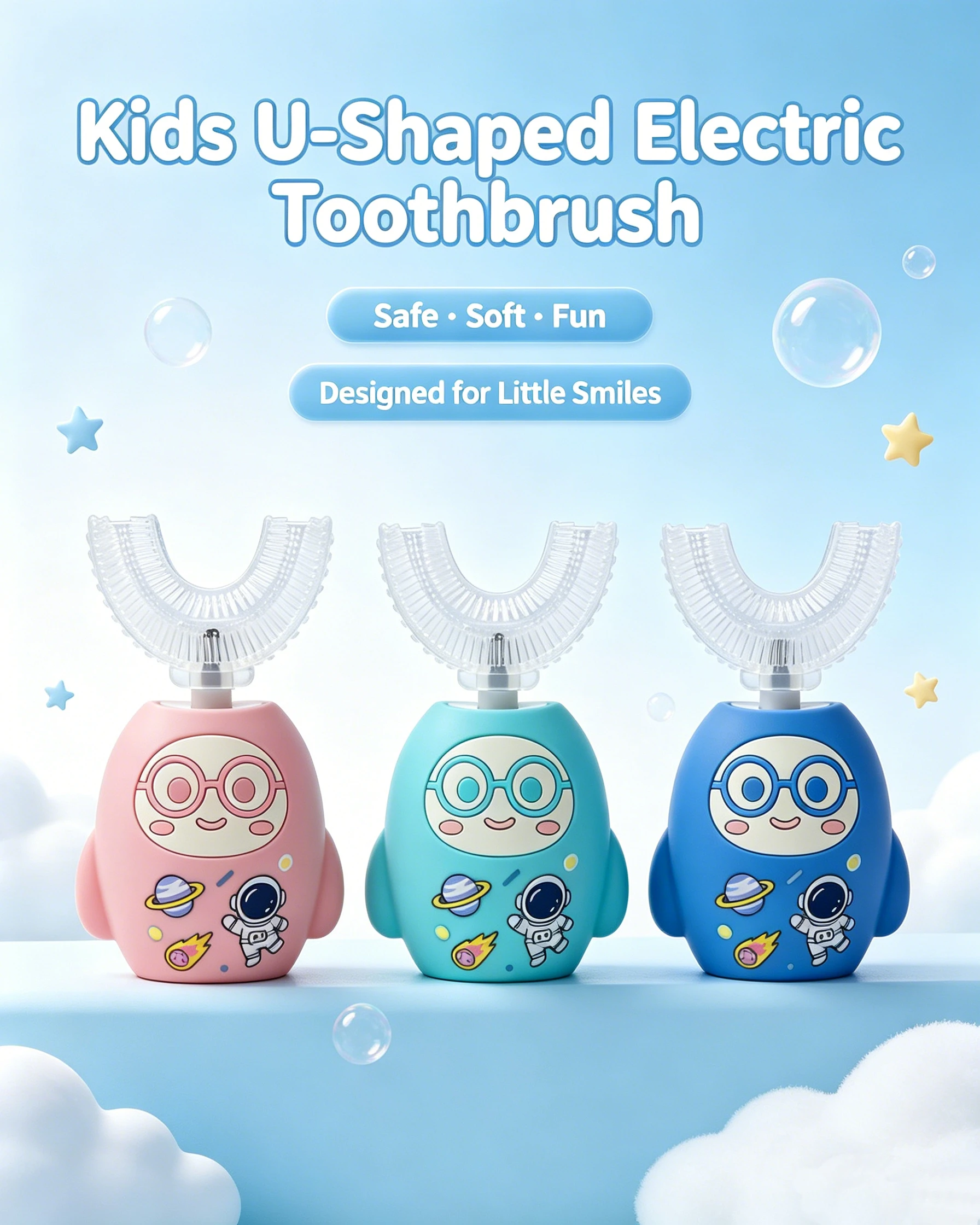 Astronaut U-Shaped Kids Electric Toothbrush Rechargeable for Ages 2-12 with 3 Modes Cartoon Design for Boys And Girls