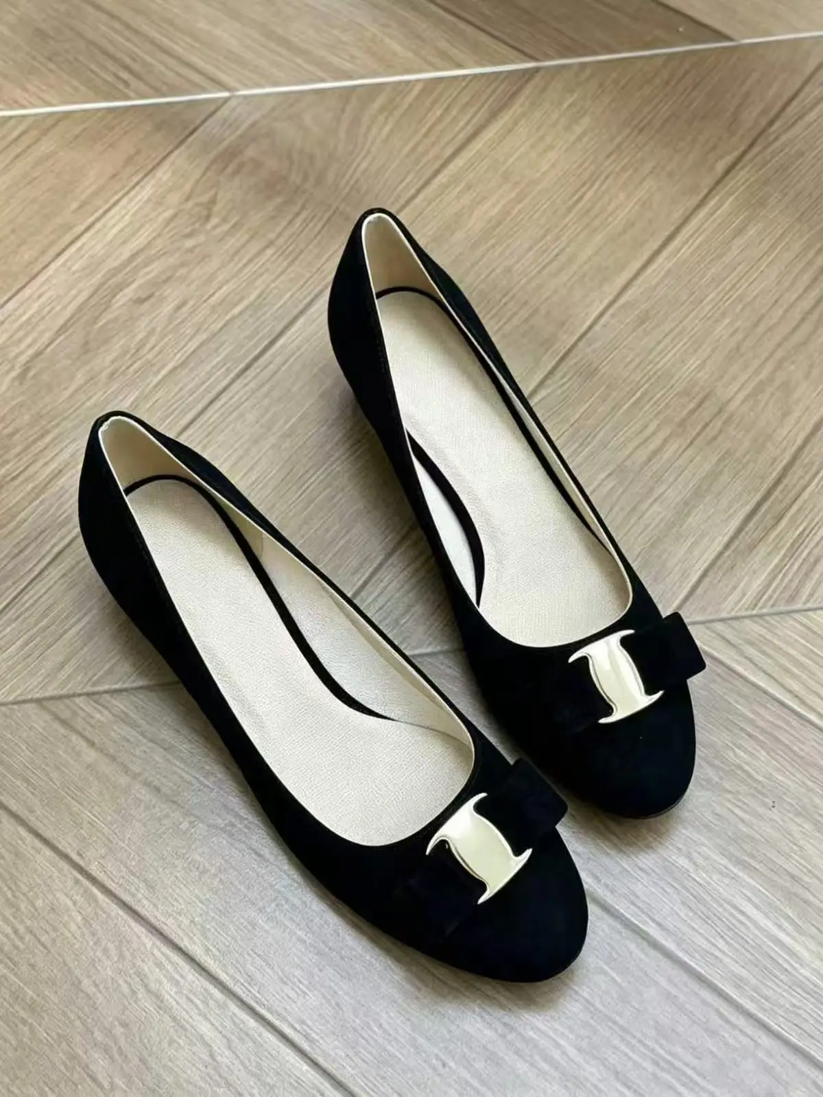 Runs Small,Women's Classic Black Suede Bow Round Toe Block Heel Mules 26 Autumn Elegant Slip‑Ons, 2Colors Mid-heel Loafers