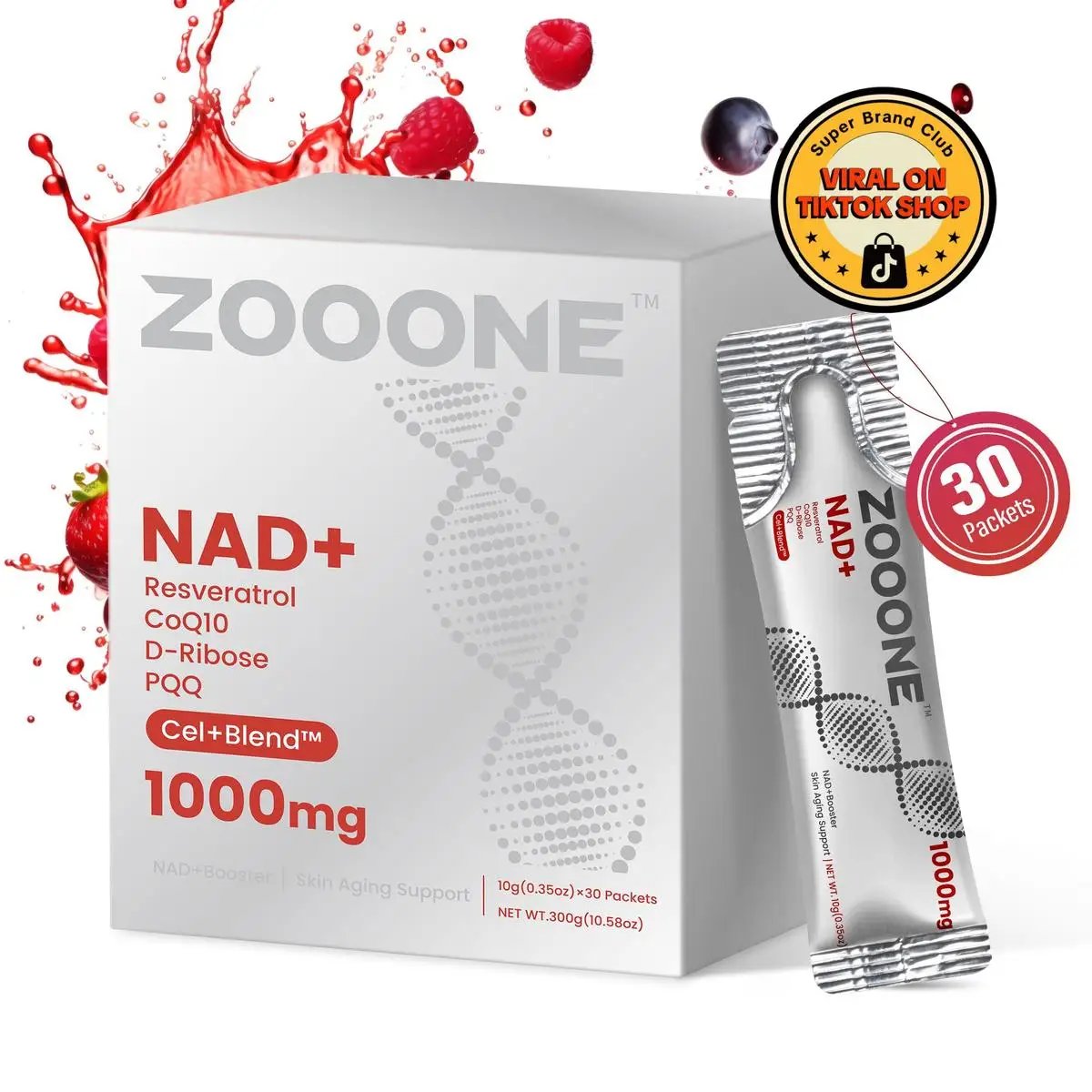 ZOOONE 1000mg NAD+ Berry Flavor Drink Mix for Skin Aging Support, Energy, and Focus - 30 Pack -