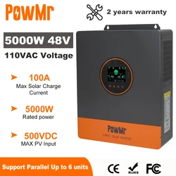 PowMr Split Phase Inverter 110V 48V 5KW On Grid Off Grid Pure Sine Wave Hybrid Solar Inverter with MPPT 100A Battery Charger